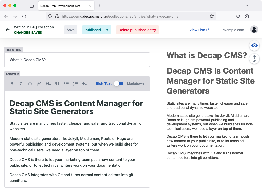 Screenshot of Decap CMS page editing view