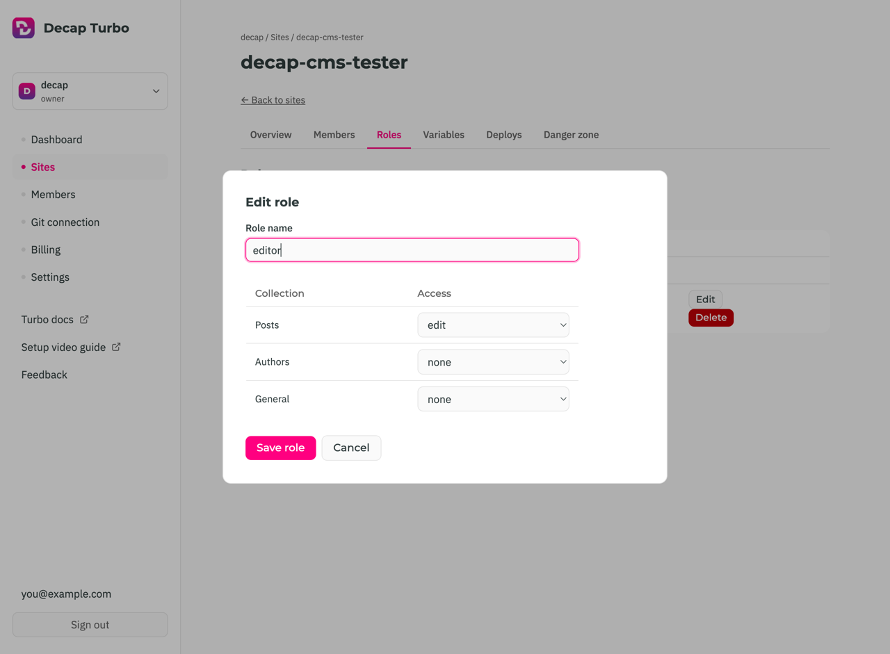 Editing a custom role, with per-collection access