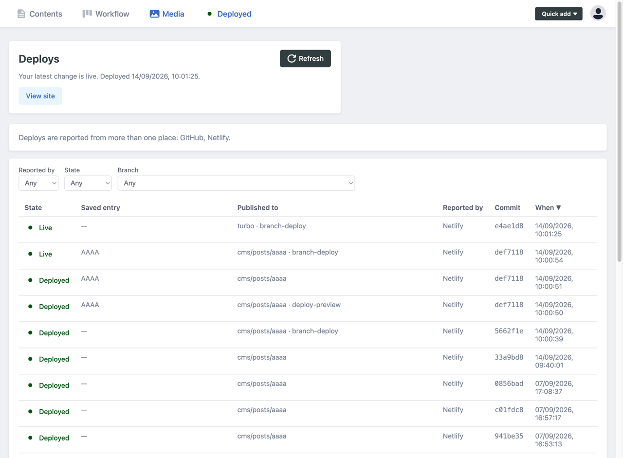 The Deploys page in the CMS, listing recent deploys with their state, entry and branch