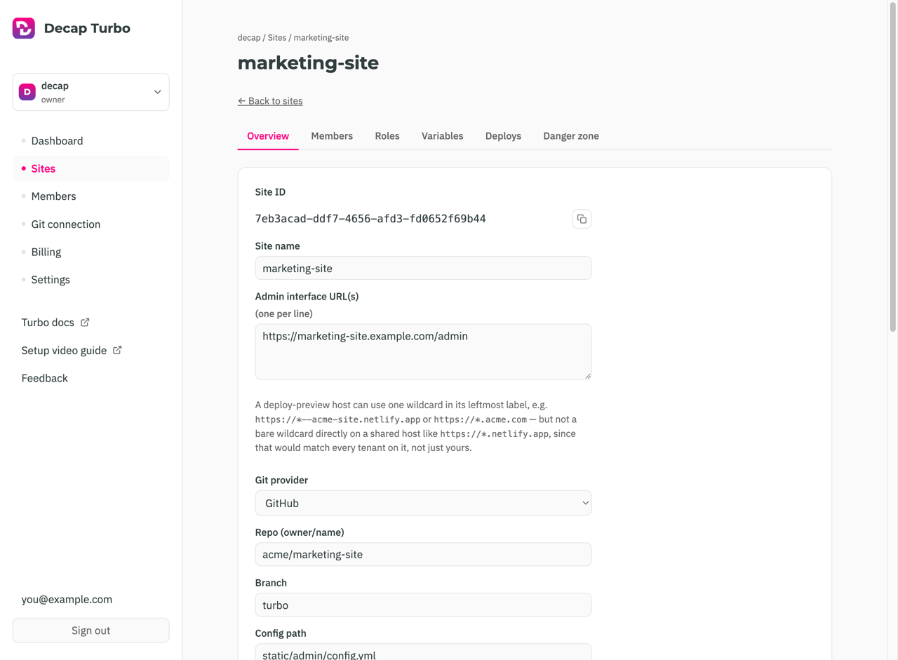 A site’s Overview tab, with the Site ID and its copy button